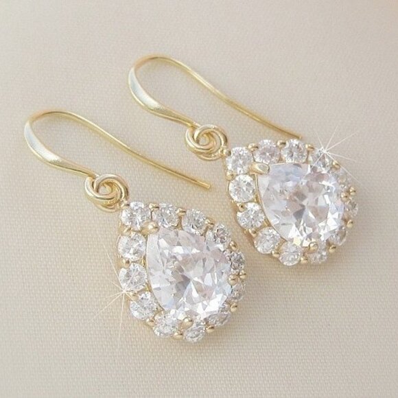Gold CZ Diamond Earrings Teardrop Pierced Dangle Pear Cut Halo NWT Nadri Style - Picture 4 of 7